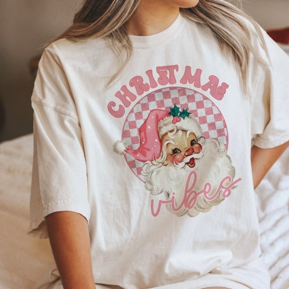 Pink Santa Christmas Vibes T-Shirt, Women’s Christmas T-Shirt - Picture 1 of 5